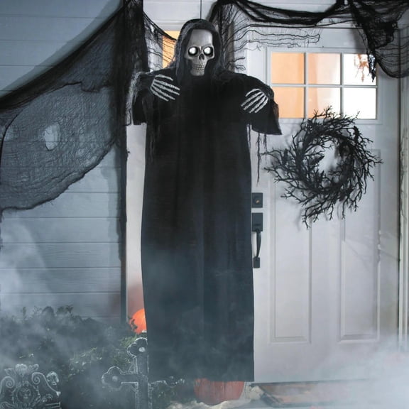 5 Ft. Animated Eyes Hanging Skeleton Reaper with Black Robe Halloween Decoration