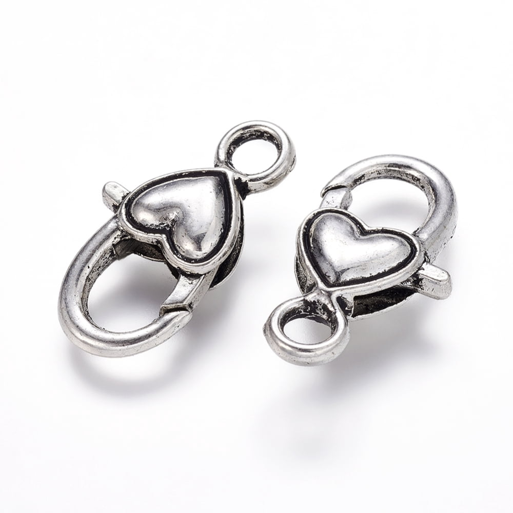 Tibetan style Heart Lobster Claw Clasps Cadmium Free Lead Free Mother's Day Jewelry Making Heart Silver 27mm long 13.5mm wide 6mm thick hole: 4mm