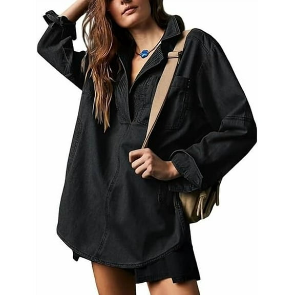 Women's Denim V-Neck Pullover Shirt, Oversized Drop Shoulder Long Sleeved Jean Shirts, Trendy Loose Fit Turndown Jacket