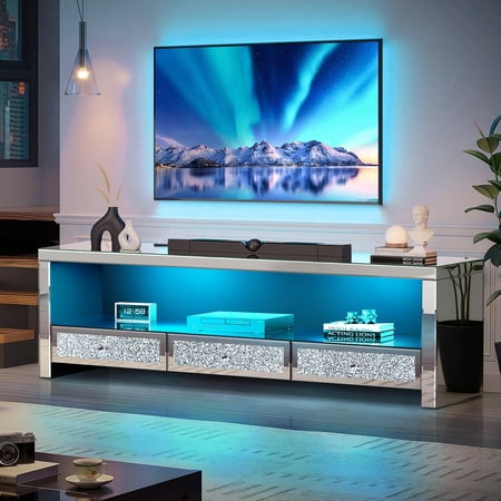 Silver Mirrored LED TV Stand with Crushed Diamond Drawers, Media Console Table with RGB LED Lights, Entertainment Center for TVs Up to 65 Inch, TV Cabinet with Storage Drawers for Living Room Bedroom