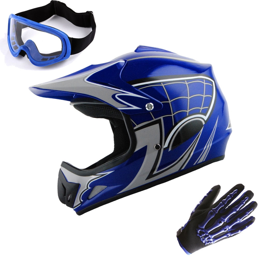 WOW Youth Motocross Helmet BMX MX ATV Dirt Bike Helmet Matt Star Blue Skeleton Blue Glove Bundle Goggles 