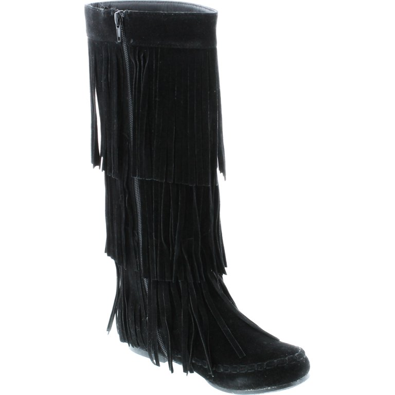 Refresh Women's Fringe Moccasin Flat Heel Knee High Zipper Boots