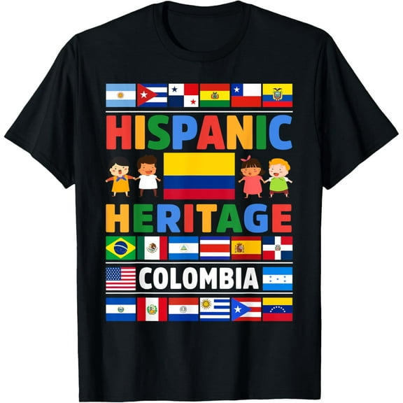 Hispanic Heritage Month Colombia Flag Latino Countries Flag T-ShirtMen and women, Black T-shirt, size: Extra large