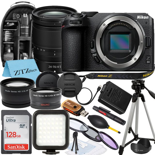 Nikon Z30 Mirrorless Camera with NIKKOR Z 24-70mm f/4 S Lens, SanDisk 128GB Memory Card, Backpack, Flash, Tripod and ZeeTech Accessory Bundle