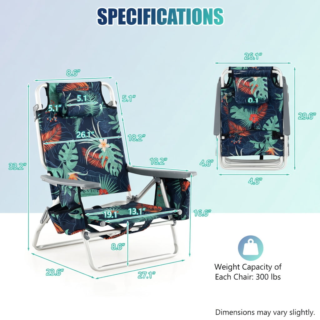 Hommoo 2-Pack Foldable Beach Chair with Adjustable Backrest, Head Pillow & Carry Bag, Multicolor