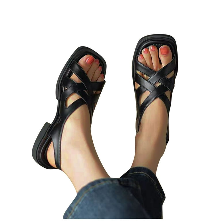 Viluyesy Womens Flat Sandals, Wide Width Square Toe Ankle Strap