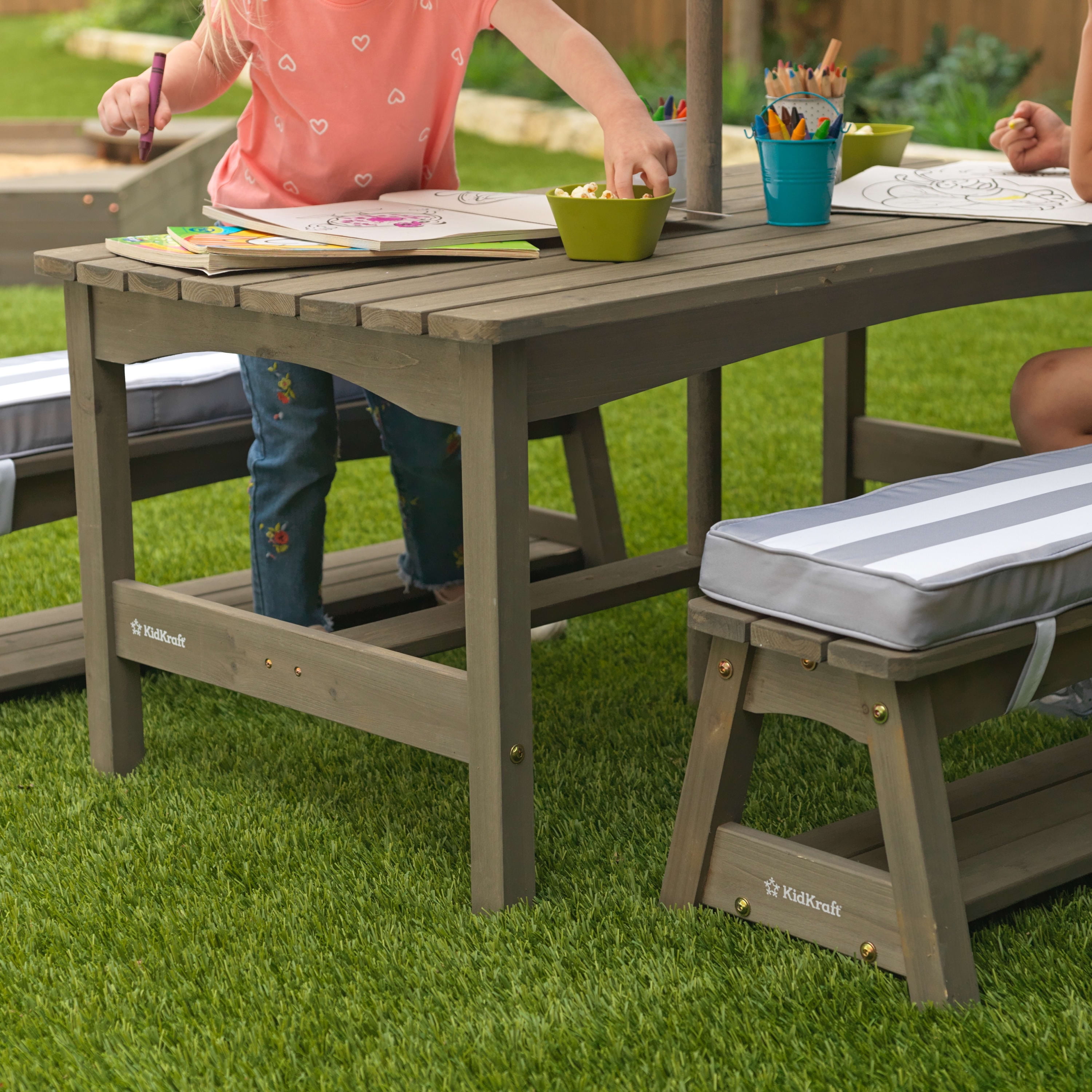 KidKraft Outdoor Table  Bench Set with Cushions and Umbrella, Gray and  White Stripes - Walmart.com