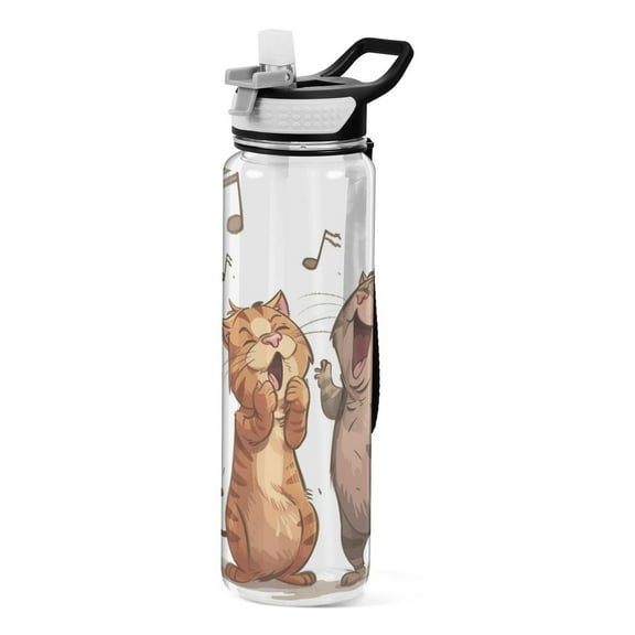 Cute Cats Singing Transparent Sports Water Bottle with Straw BPA Free Tritan 32oz for Gym Camping