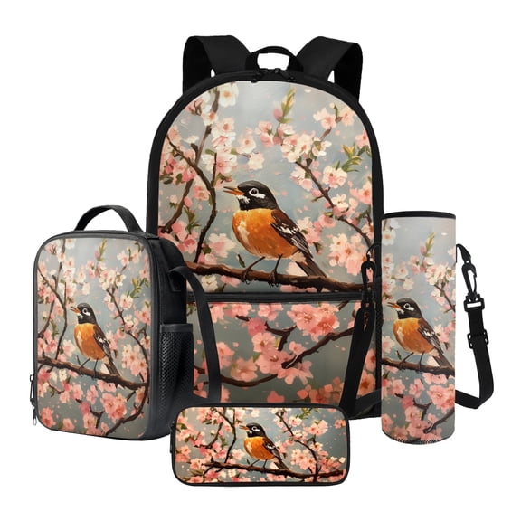 ZUXONGSY Robin Cherry Blossom Print Backpack for Boys Girls School Bag with Lunch Bag Pencil Case and Water Bottle Holder Set Kids 4 in 1 Bookbag Back Packs Satchel Travel Daypack Rucksack