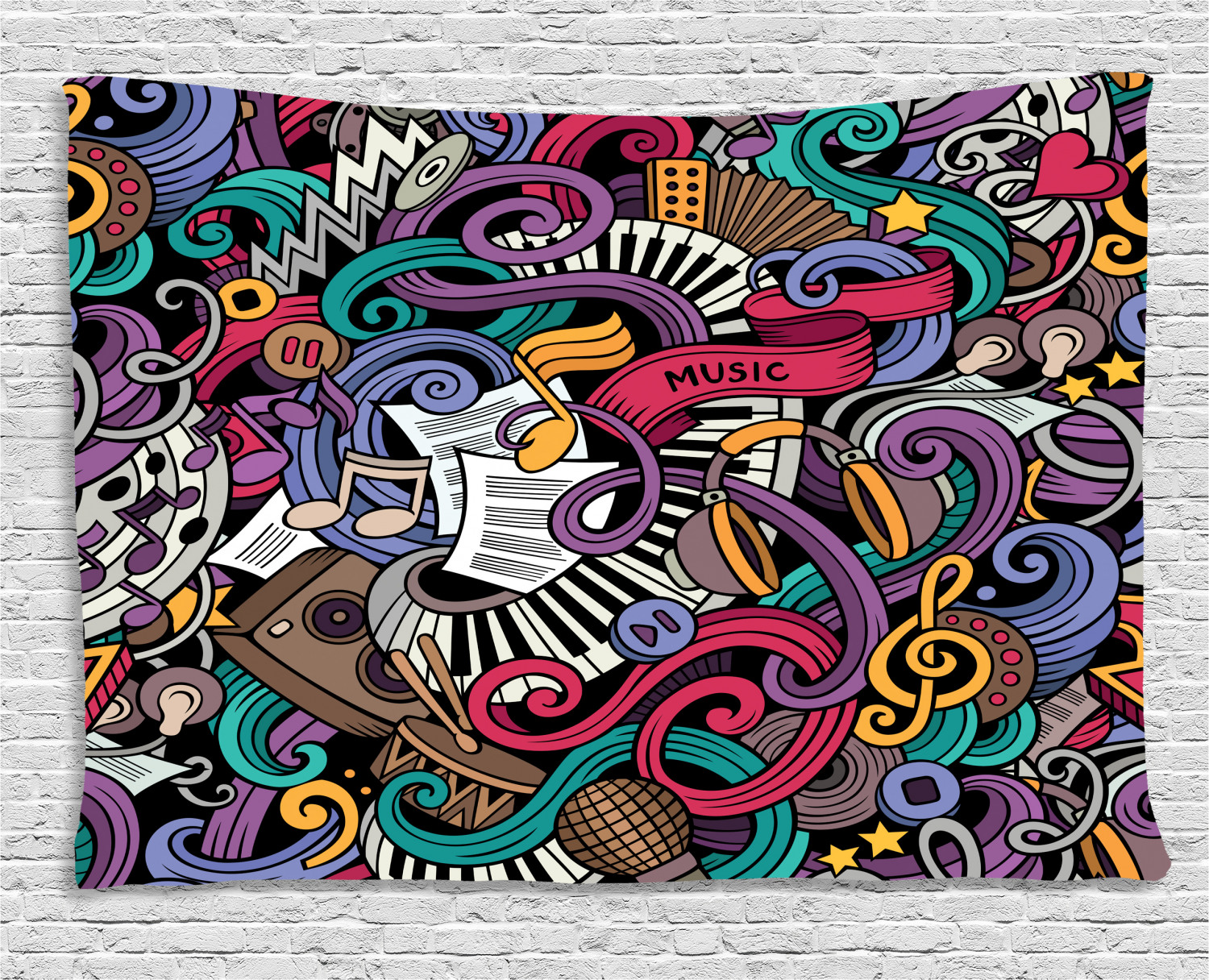 Doodle Tapestry, Music Themed Hand Drawn Abstract Instruments