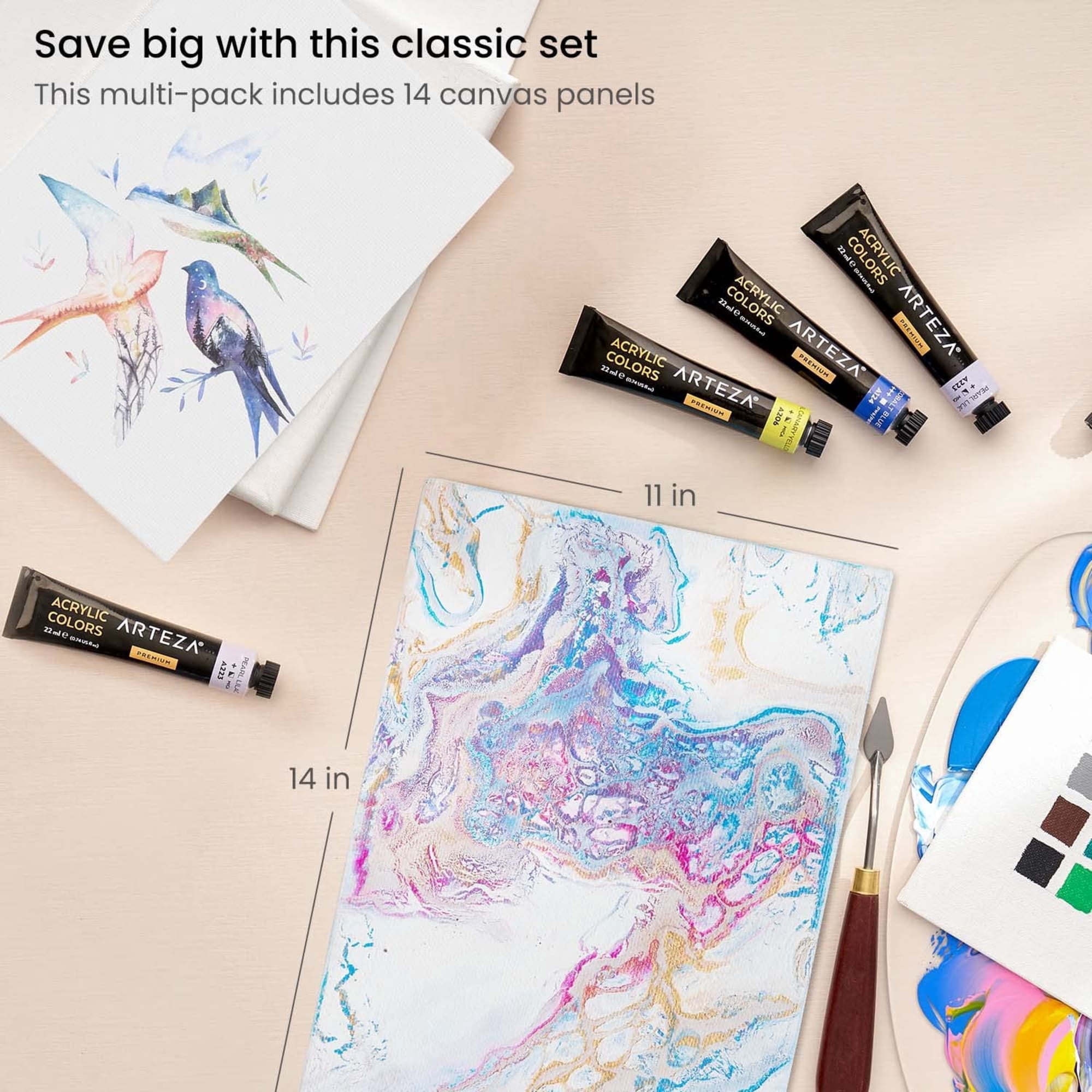 Arteza 11" x 14" Canvas Panel, Set of 14, White Cotton