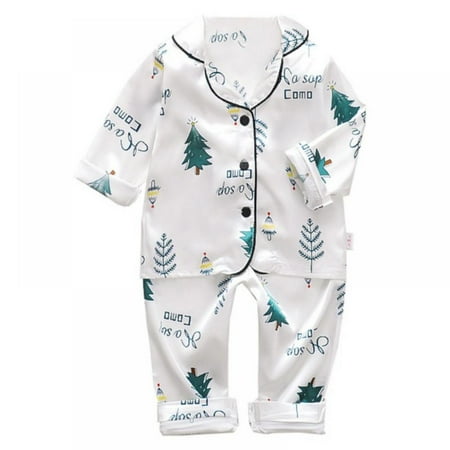

Deepwonder Toddler Baby Kids Satin Pajamas Set Long Sleeve Button-Down Sleepwear PJs For Boys Girls Cartoon Tree Printed Sleepwear Set Christmas Outfit Clothes Set