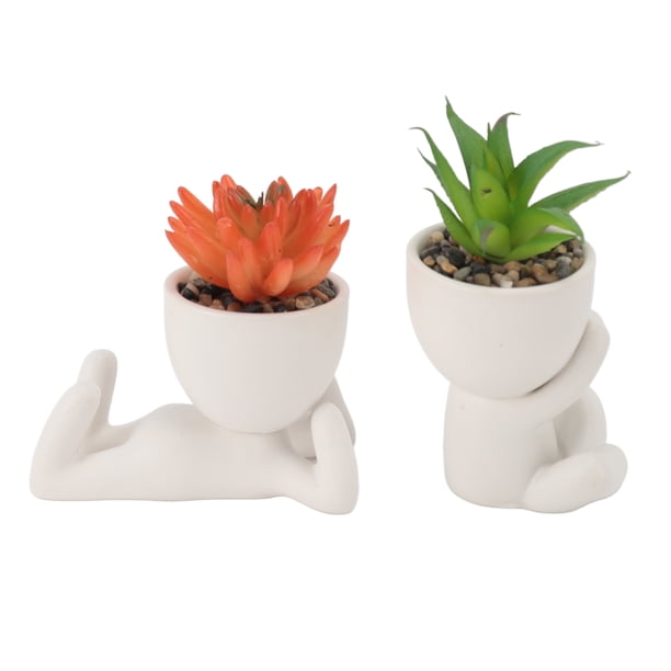 2 Paquetes de Suculentas Artificiales Plantas en Macetas creativas en forma de humano, Macetas de Flores de Cerámica Falsas, Mini Maceta en Forma de Humano para la decoración de
