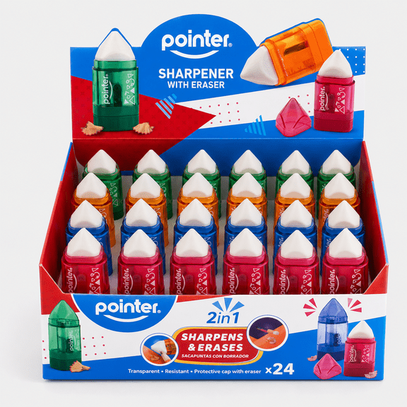 Pointer Handheld Manual Pencil Sharpeners, Rocket‑Shaped, Single‑Hole, 2‑in‑1 Eraser and Container, Assorted Colors, 24 Count, 1 pack