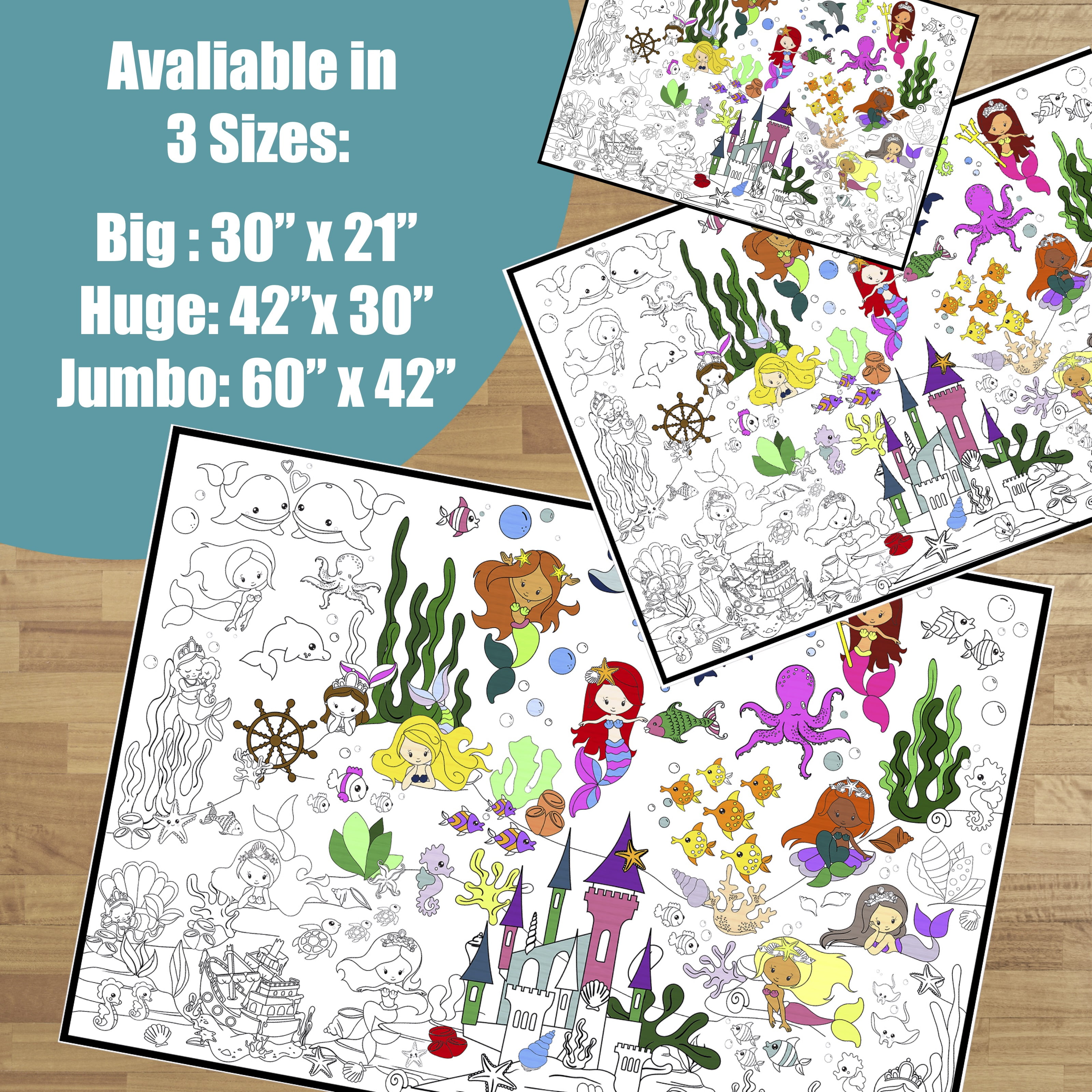 Giant Coloring Poster - Premium Jumbo Coloring Sheets for Kids & Adults with Thick Bleed-Resistant Pages, Use on Floor, Wall, or as Table Cloth, Use With Alcohol Based Markers (60” x 42”, Mermaid)