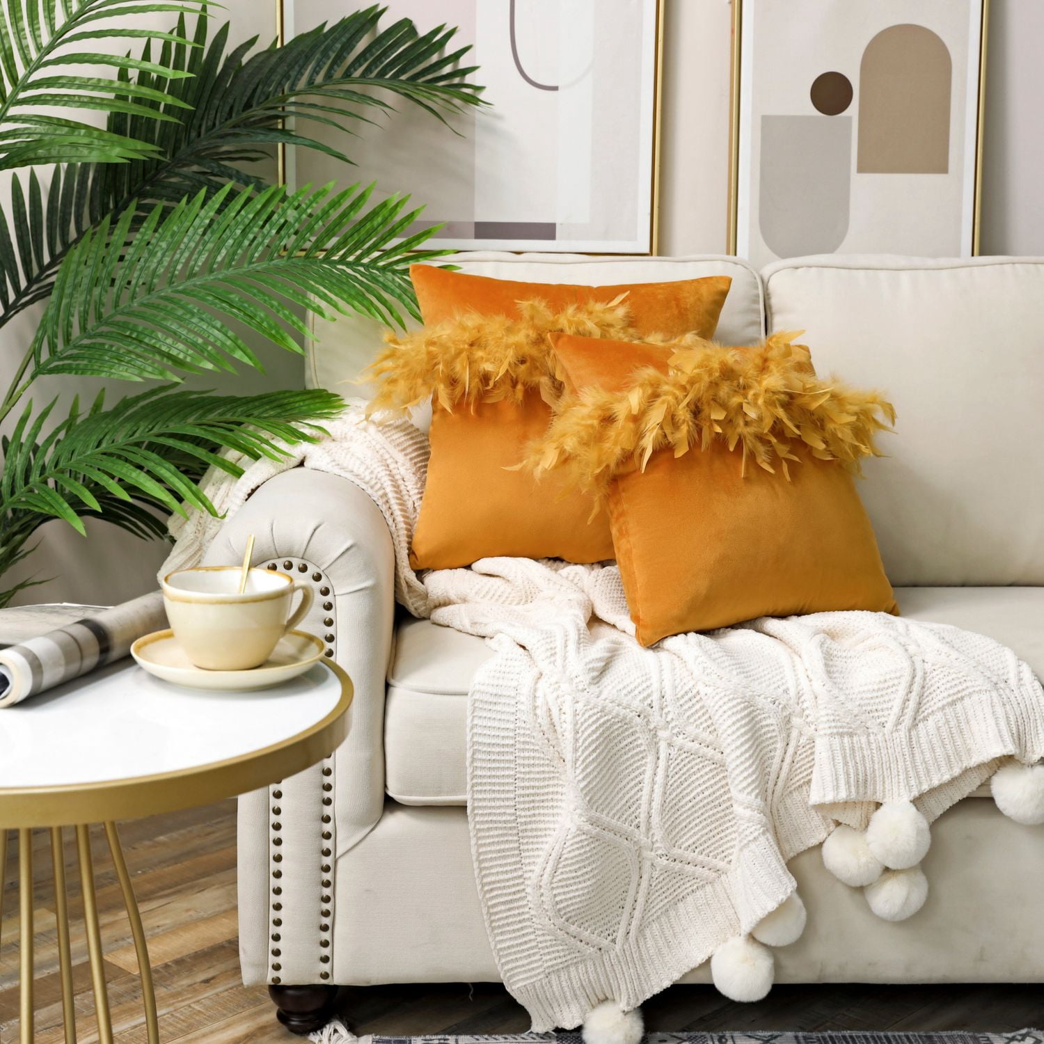 Phantoscope Feather Velvet Decorative Throw Pillows, 18 x 18 in, Orange, 2 Pack