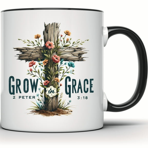 Grow in Grace Floral Cross Mug - Christian Religious 2 Peter 3:18 Scripture Bible Verse Gift - 11 Ounce Black Rim Handle Novelty Coffee Cup - WMUG1543-BLK