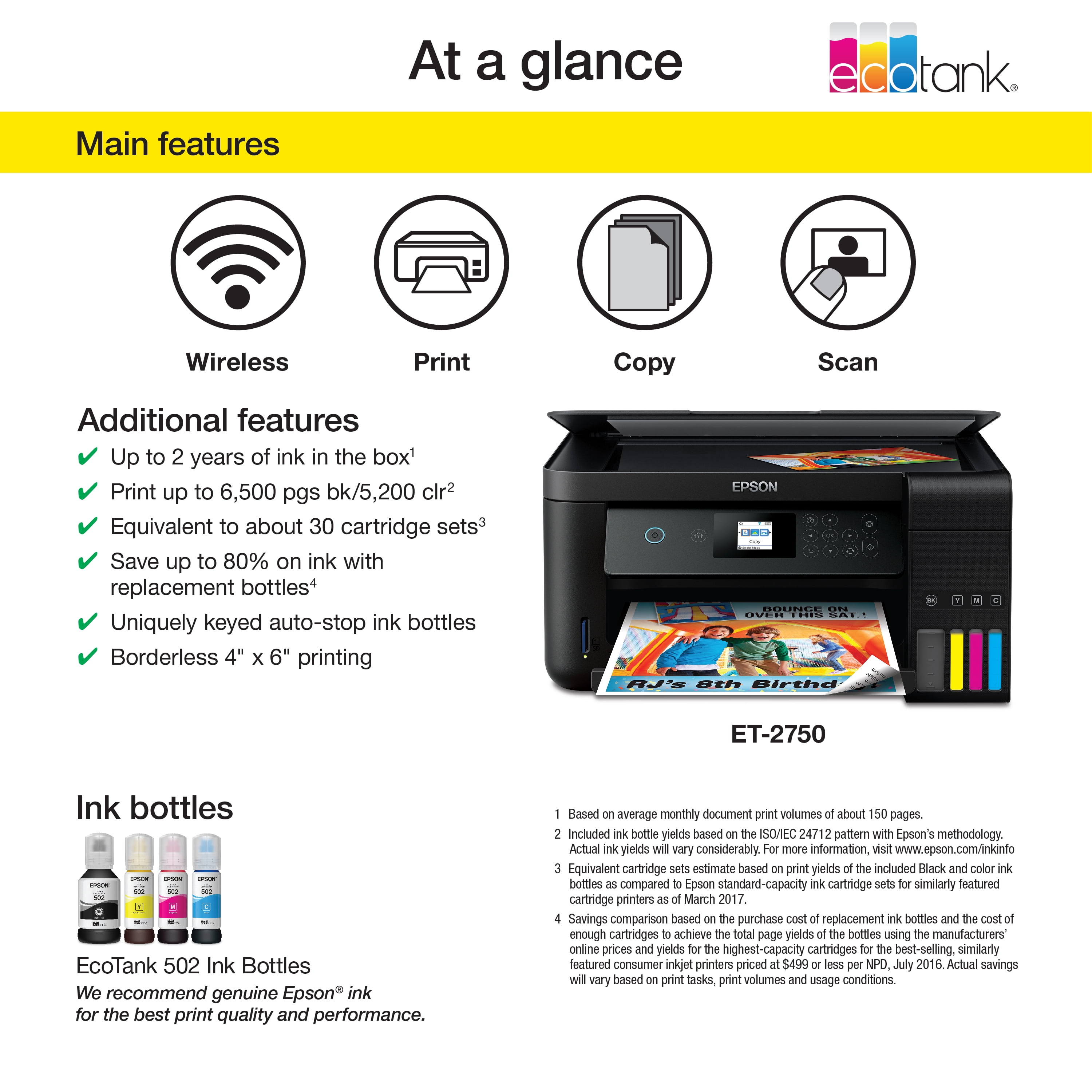 Slette fryser Forfatter Epson Expression ET-2750 EcoTank Wireless Color All-in-One Supertank Printer  with Scanner and Copier - Walmart.com