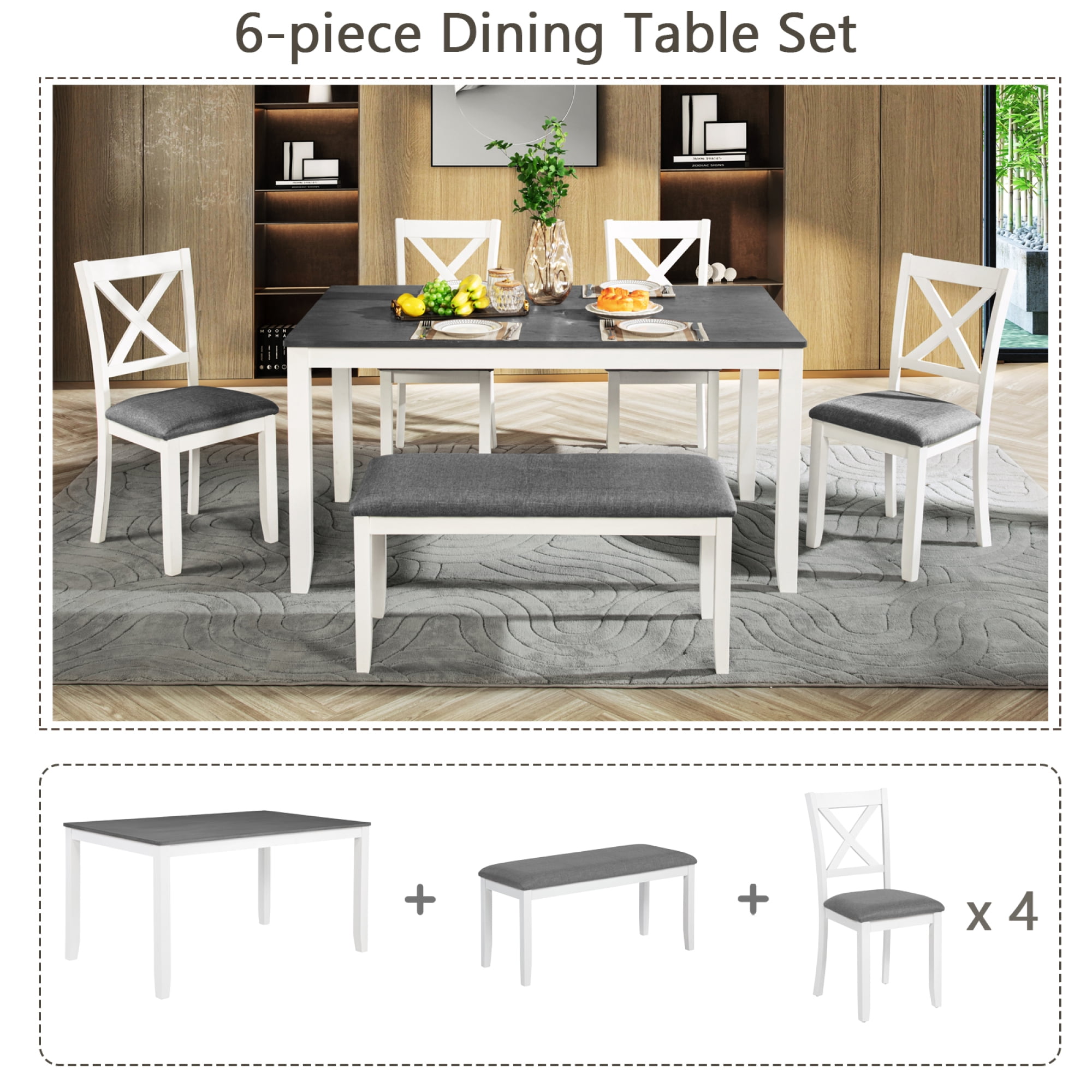 Leumius 6 Pieces Dining Table Set,Wood Dining Table Set with 4 Upholstered Chairs and a Bench,Modern Kitchen Table Set for 6 Person,White+Gray