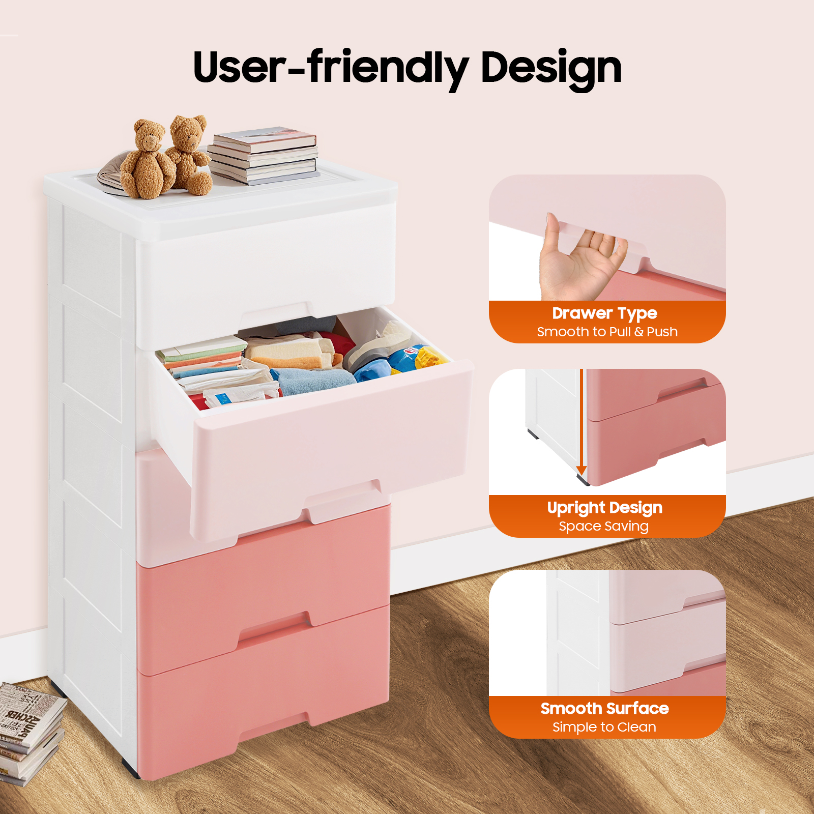 Plastic Drawers Dresser Storage Cabinet 5 Drawer Stackable Vertical Clothes Storage Tower, Bedroom Tall Small Chest Closet, Organizer Unit for Hallway Entryway Home (Pink)