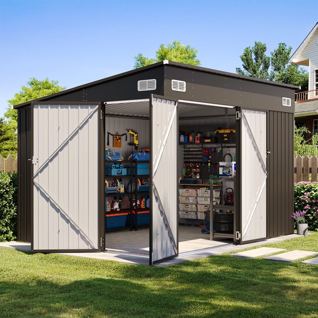 Clouddwell Abri de Rangement en Métal Robuste 10 Pi x 8 Pi avec 3 Portes, Conception Adossée Verrouillable, Résistant aux Intempéries pour Jardin et Outils (Noir)