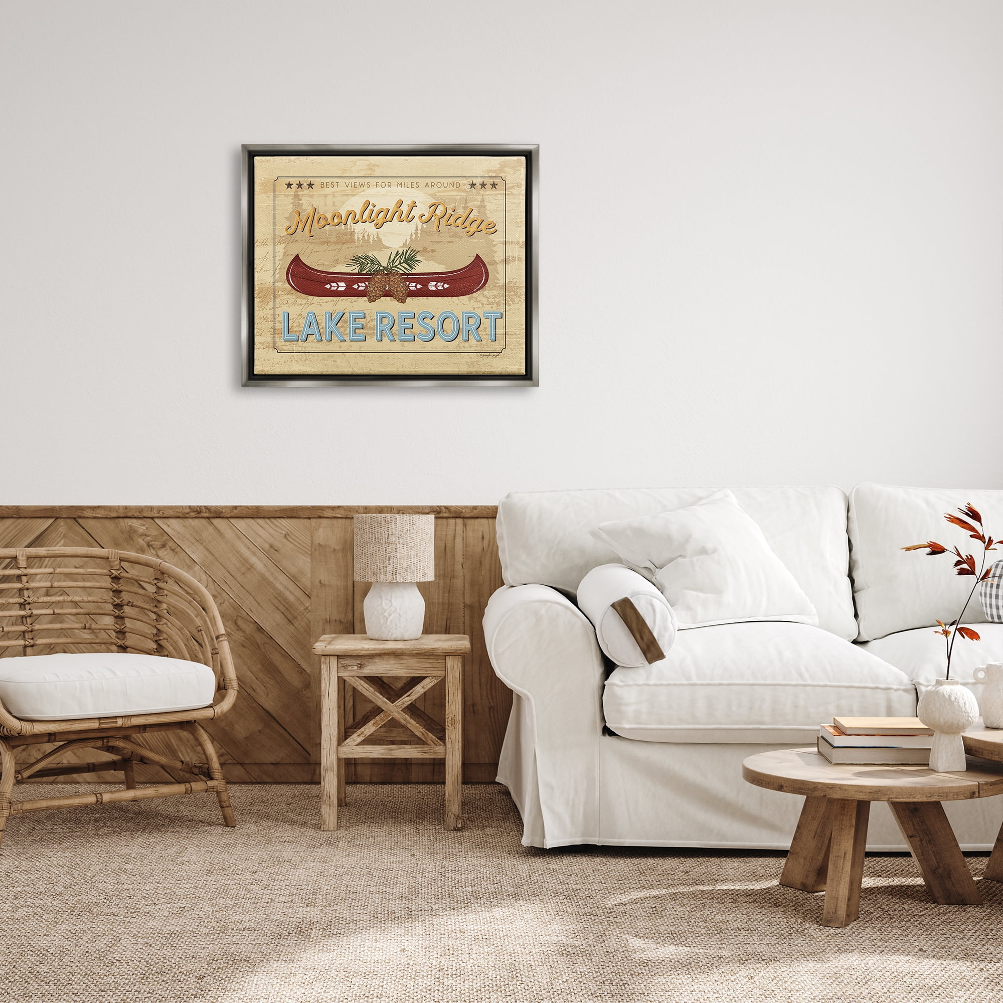 Stupell Moonlight Ridge Lake Resort Canoe Landscape Painting Gray Floater Framed Art Print Wall Art