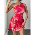 thumbnail image 3 of Women'S Summer Dress 2025 Tie Dye One Shoulder Mini Dress Pleated Cut Out Wedding Guest Dresses Red S, 3 of 6