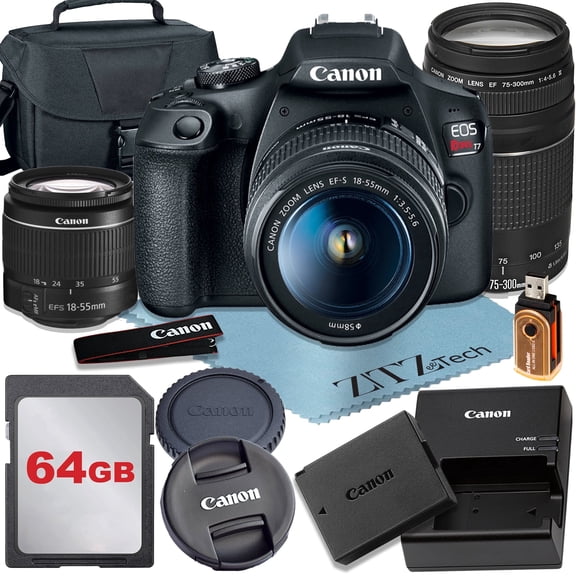 Canon EOS Rebel T7 DSLR Camera with 18-55mm Lens   2 pcs SanDisk 64GB Memory Card   Case   Tripod   Telephoto   ZeeTech Accessory Bundle (International Version)