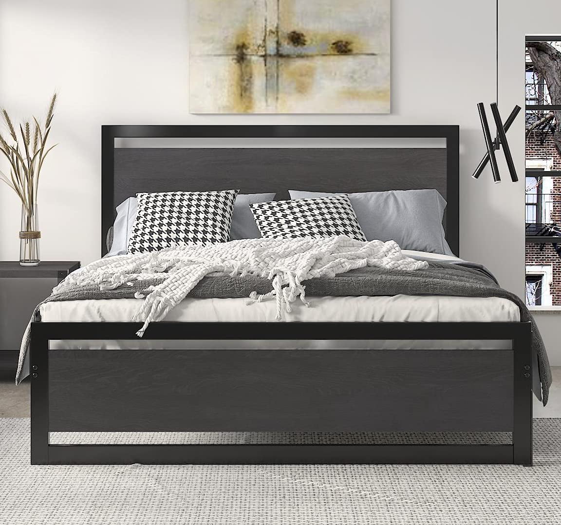 Platform Metal Bed Frame With Footboard, Full Size Wooden Bed Frame With Headboard And Footboard