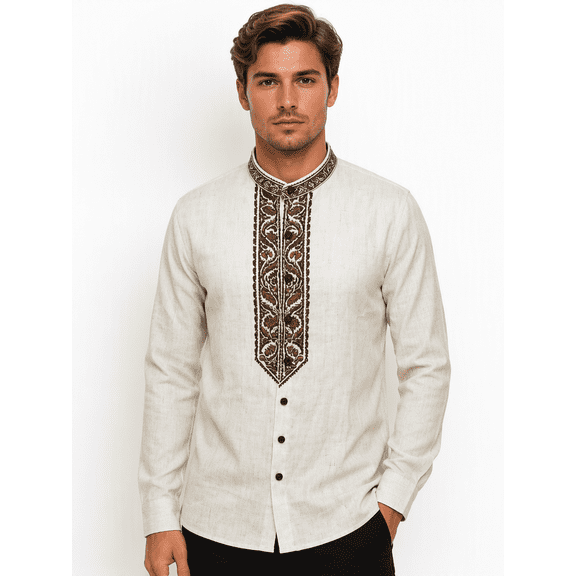 Tbfashion Men's Long Sleeve Button Down Shirt with Embroidered Stand Collar and Placket