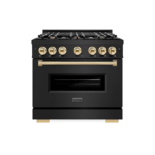 ZLINE Autograph Edition 36 in. 5.2 cu. ft. Classic Dual Fuel Range with 6 Burner Gas Cooktop and Electric Convection Oven in Black Stainless Steel with Polished Gold Accents (CDRBZ-36-G)
