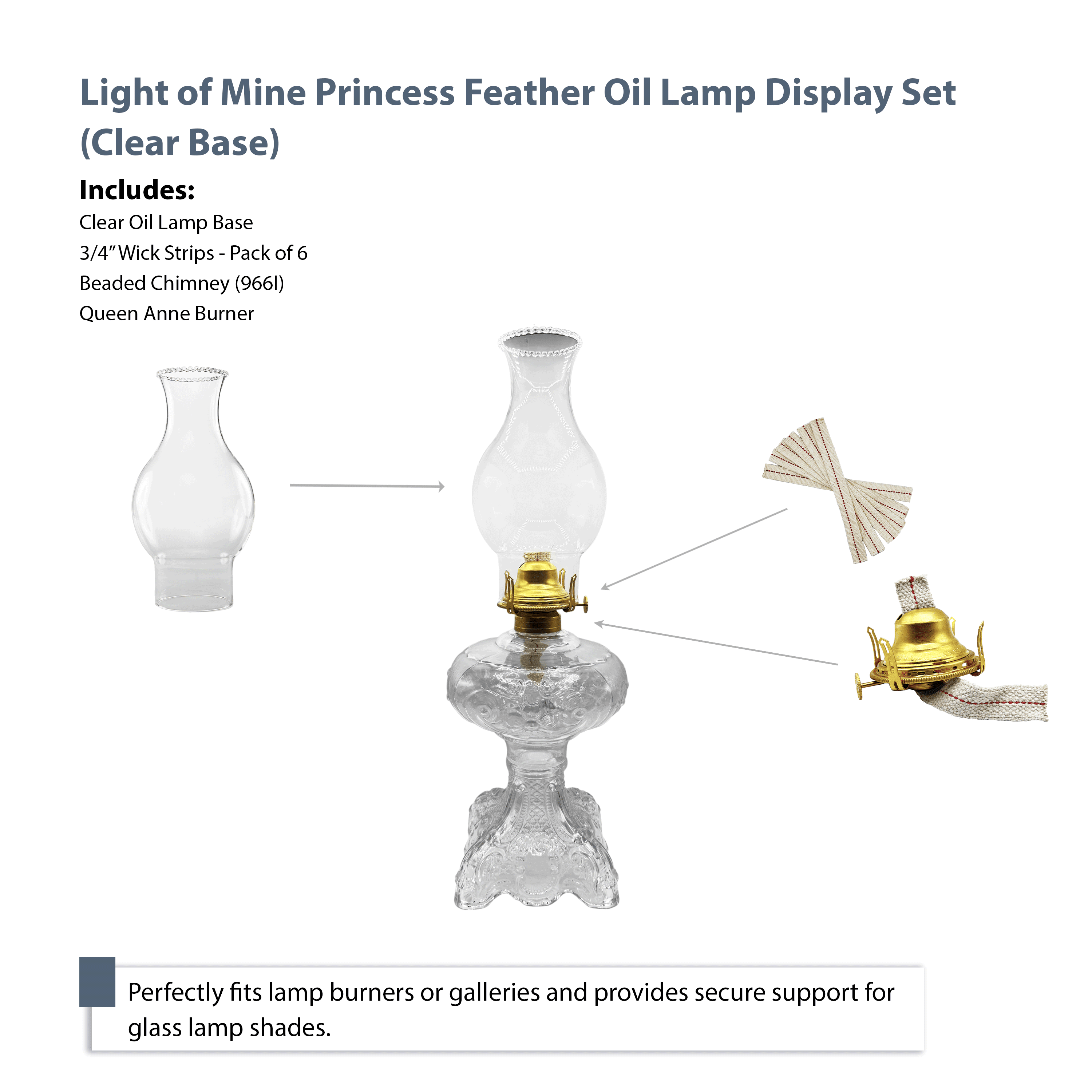 Light Of Mine Princess Feather Oil Lamp Ornate Decorative Antique Pedestal Style Glass Oil Hurricane Lamp Clear with 3/4" Wick roll Clear