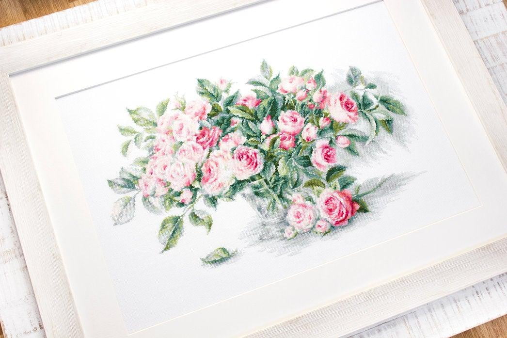 Counted Cross-Stitch Kit Bouquet Of Pink Roses BL22866L Needlework Easy Small Flowers By Luca-S Green