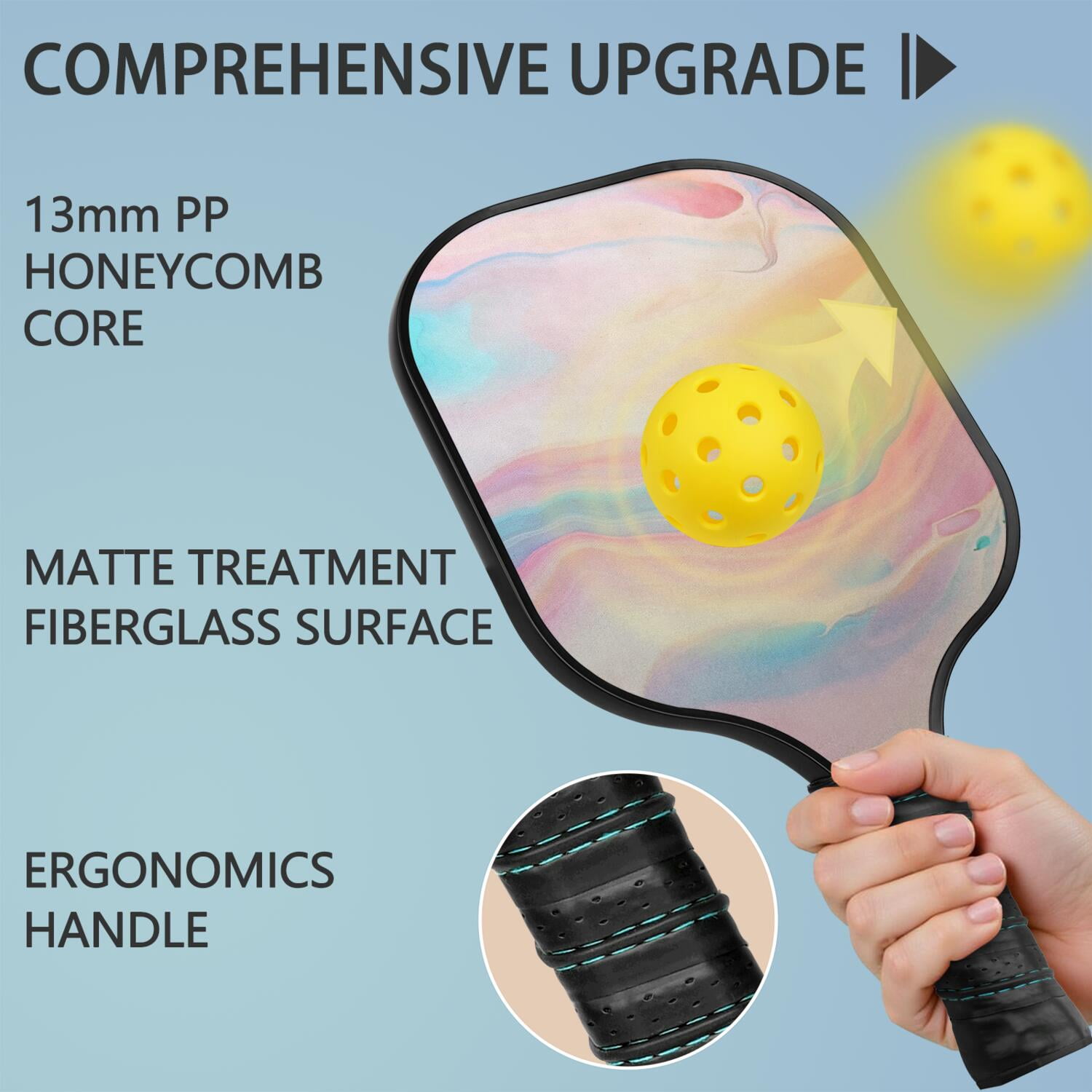 Pickleball Paddles Set Of 2, Fiberglass Surface, Turquoise Marble Pattern, 4 Balls & Bag