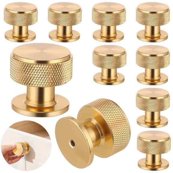 10 Pack Knurled Cabinet Knobs, Solid Aluminum Single Hole Drawer Handles, 32mm Golden Pulls for Kitchen Cabinets, Dressers and Furniture