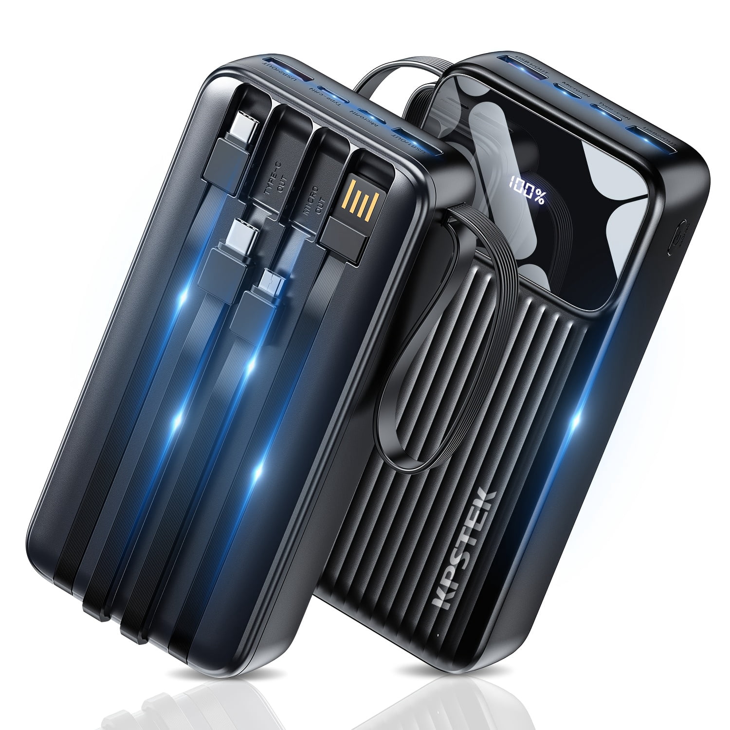 20000mAh Portable Charger Power Bank Battery Pack | 22.5W Fast Charging PowerBank with Built In 4 Cables, Travel Camping Essential USB-C Portable Phone Charger for Phone Samsung Pixel Android (Black)