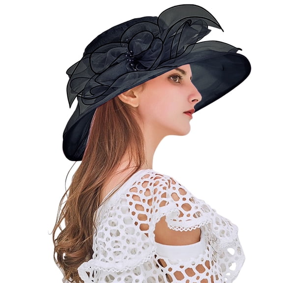 HomelyJoy Black Organza Sun Hat, Wide Brim Floral Church Cap for Women, Breathable UV Protection Beach Hat for Weddings Tea Parties and Garden Events
