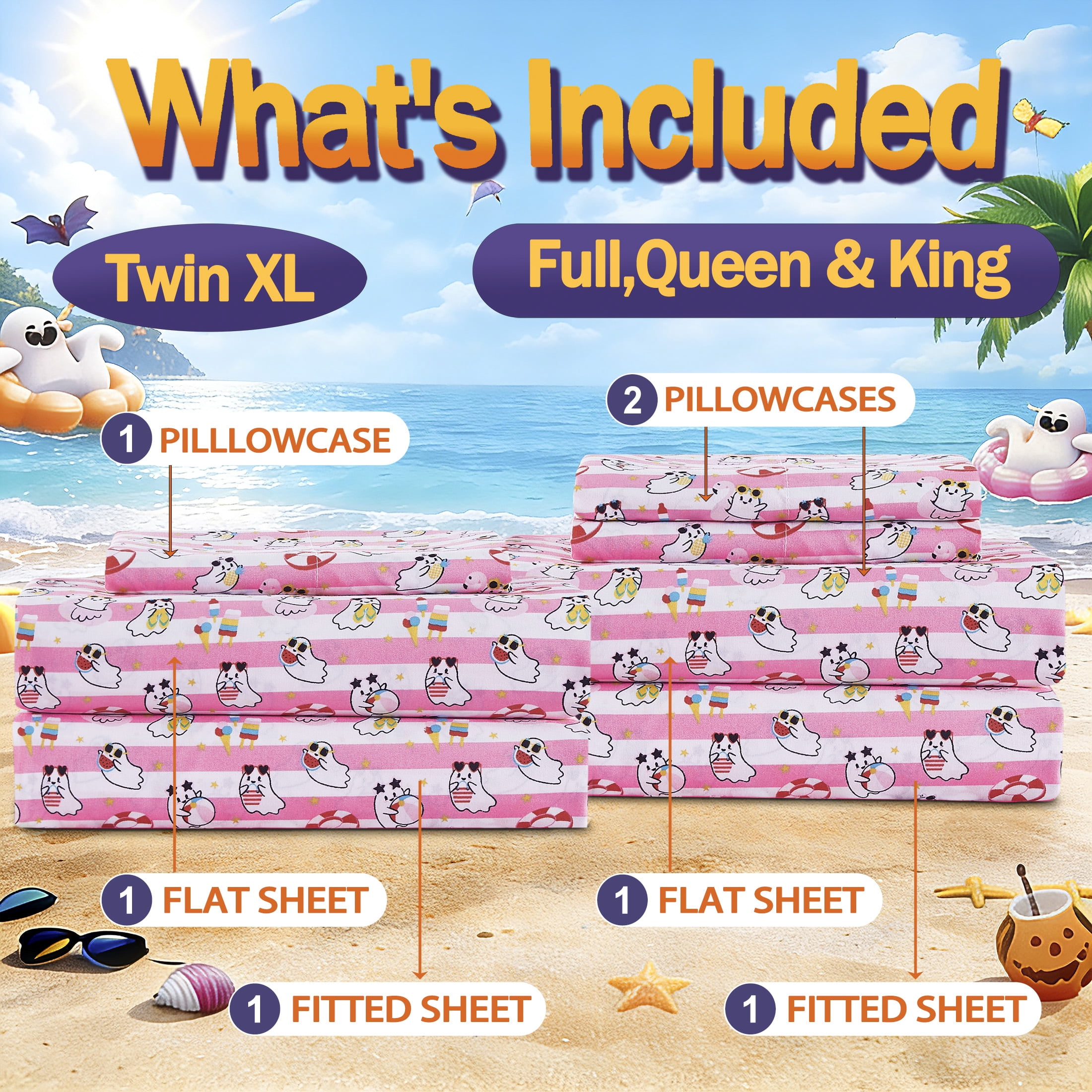 Summerween Soft Microfiber Sheet Set, Pink & White Nautical Ghosts, Queen