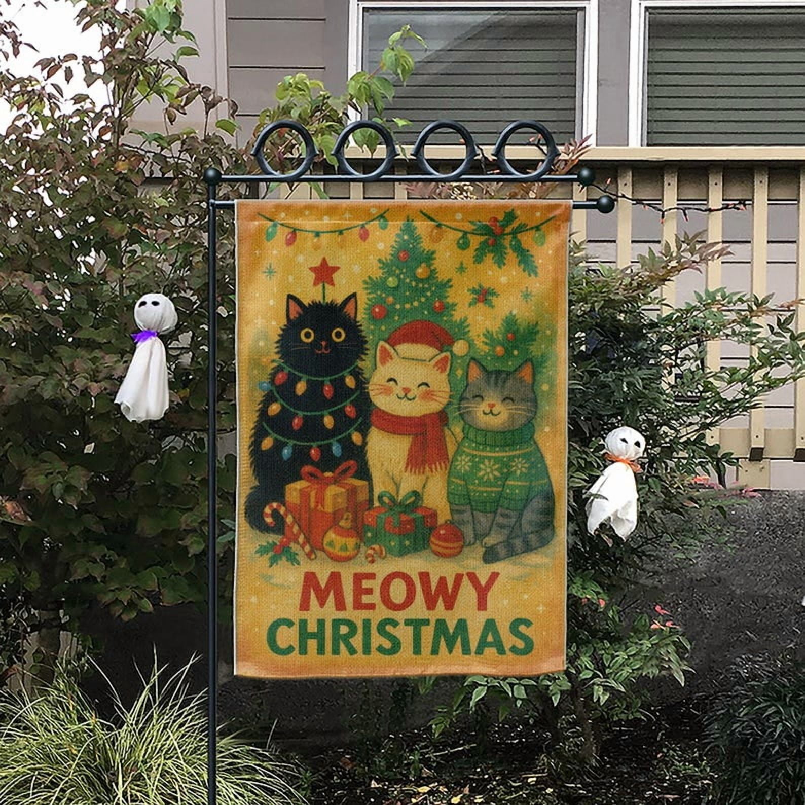 TiniDecor Meowy Christmas Garden Flag – 28”x40” Cute Cat Design, Holiday Outdoor Yard Décor