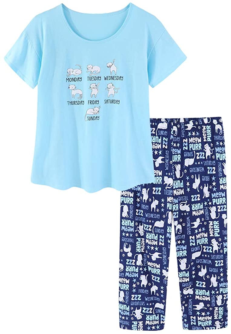 Women Cotton Pajamas Set Short Sleeve Top Capri Pants Sleepwear Plus