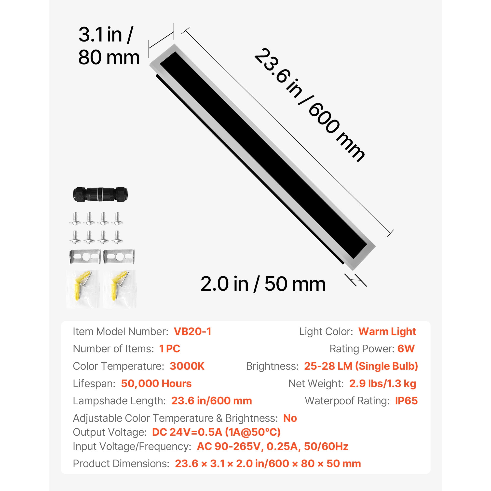 KFFKFF Outdoor Wall Light, 23.6-Inch Modern Vertical Exterior Sconce, 3000K Warm White, IP65 Waterproof, Rust-Resistant Wall Mount Fixture for Patio, Porch, Garage, or Home