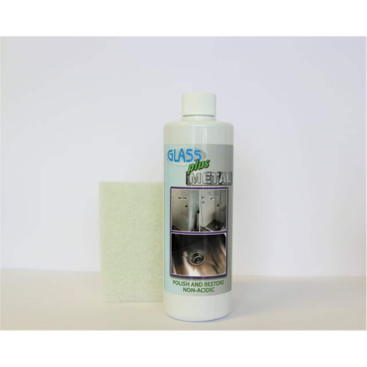 Hard Water Deposit Remover, Glass Plus Metal, for sinks Shower windows and more, with White Polishing Pad