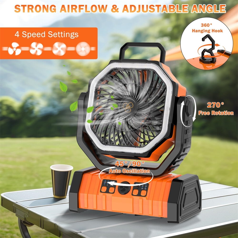 20000mAh Camping Fan w/ LED Lantern - Rechargeable Fan, Auto-Oscillating, Remote