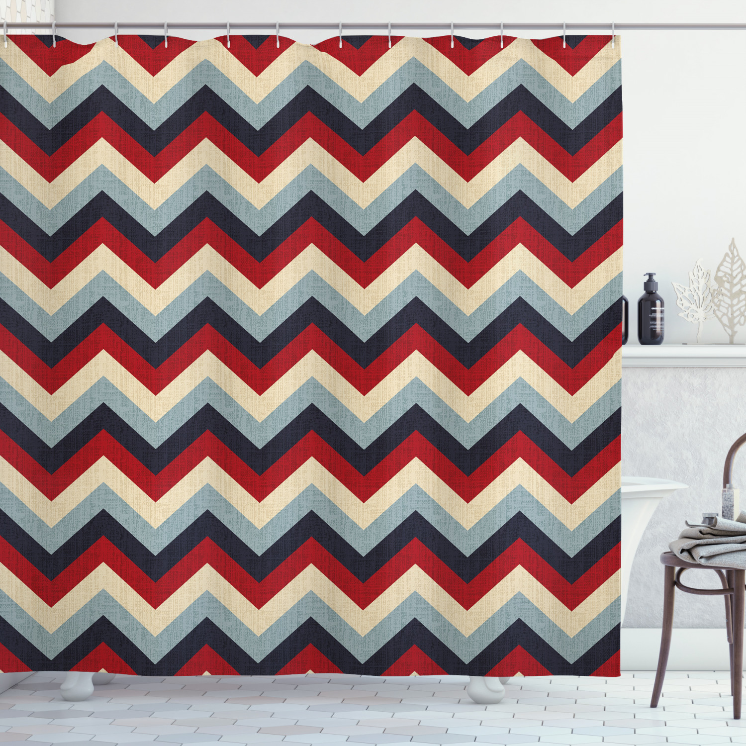 Chevron Shower Curtain, Triangle Abstract Geometrical Detailed Retro