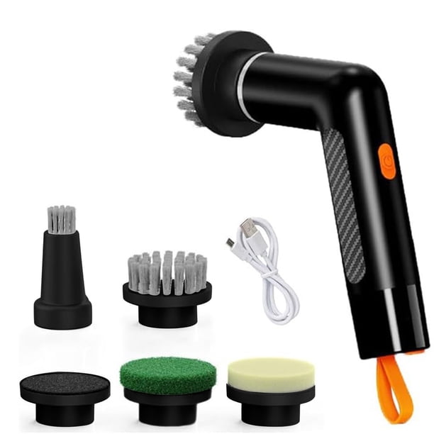 Cepillo eléctrico portátil de limpieza con 6 cabezales reemplazables - Raspador de ducha giratorio de 360° para azulejos y cristales, depurador recargable para baño y cocina