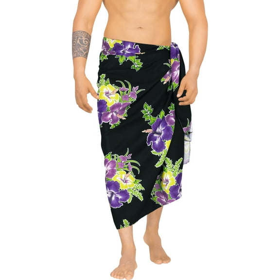 HAPPY BAY Men's Pareo Standard Party Surf Sarong Beach Wrap One Size Purple, Hibiscus Summer Vacation Party