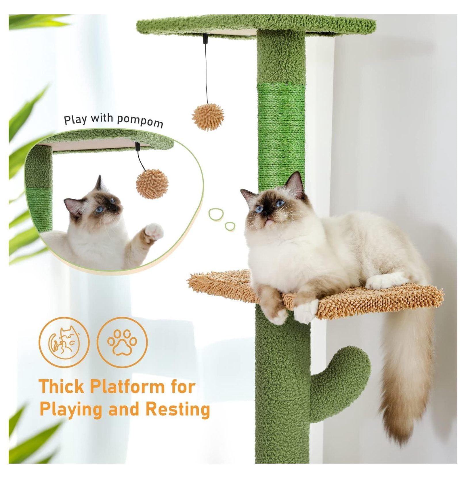 Cat Tree Cactus Tower, 95-108 Inch Adjustable Floor to Ceiling Cat Climbing Tower, 5 Level Cat Tree with Hammock & Scratching Posts for Indoor Cats
