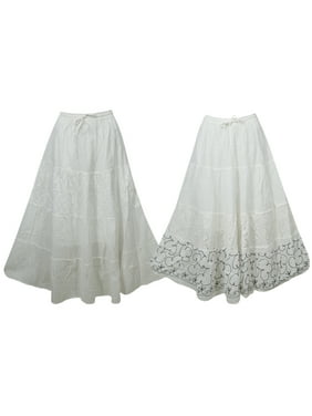 Mogul 2pc Women's Maxi Skirt White Cotton Embroidered Bohemian Flared Long Skirts