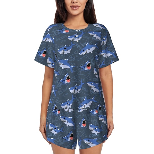 Fotbe Cartoon Shark Conjunto de Pijama Estampado para Mujer, 2 Piezas, Ropa de Dormir con Camiseta de Manga Corta y Shorts Suaves-Large