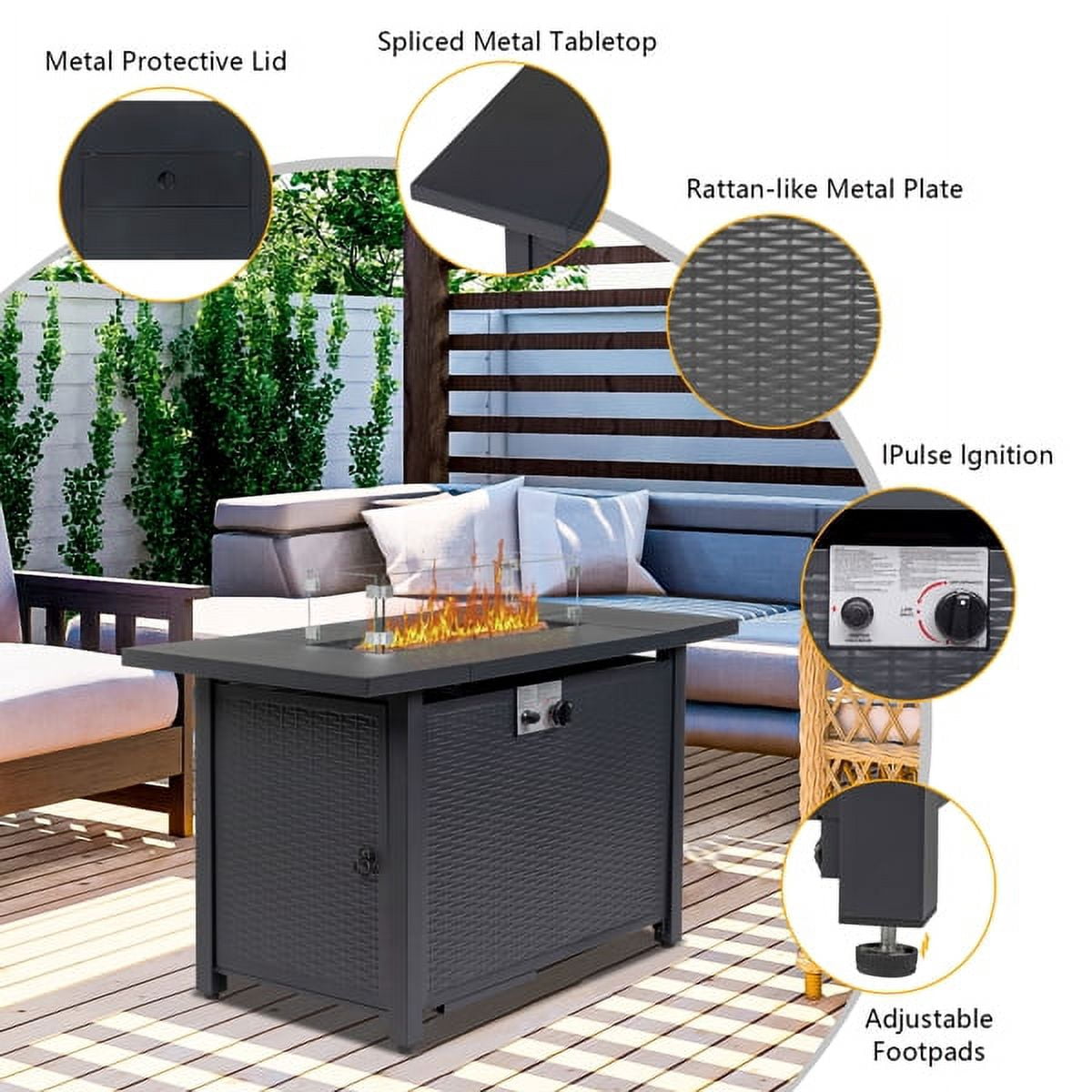 43-Inch Fire Table，50000 BTU Gas Firepit with Volcanic Stone Black